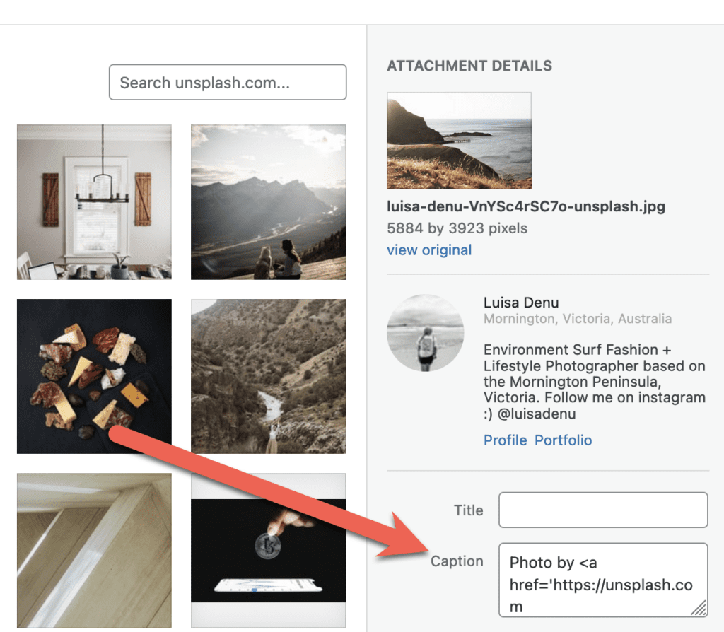 Adding a caption to credit Unsplash photographers