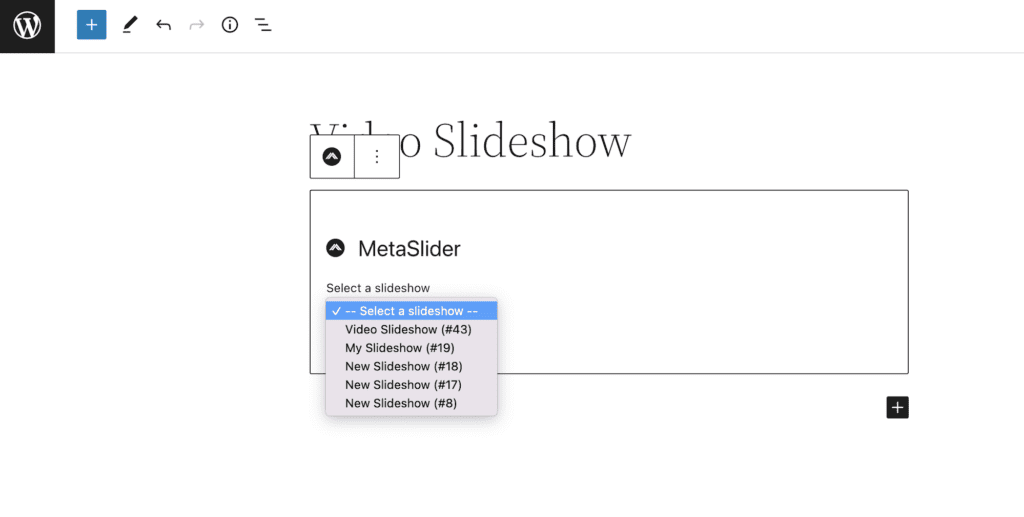 Choosing your MetaSlider slideshow for a Gutenberg block