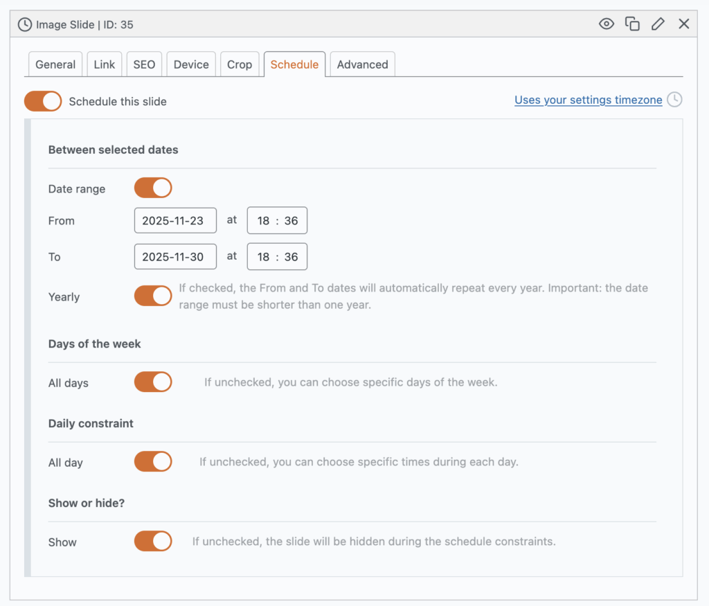 MetaSlider schedule feature