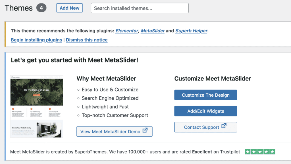 Welcome screen for the MetaSlider theme for WordPress