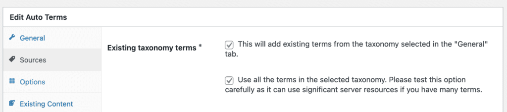 TaxoPress Auto Terms setting screen for Sources