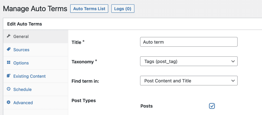 TaxoPress Auto Terms setting screen