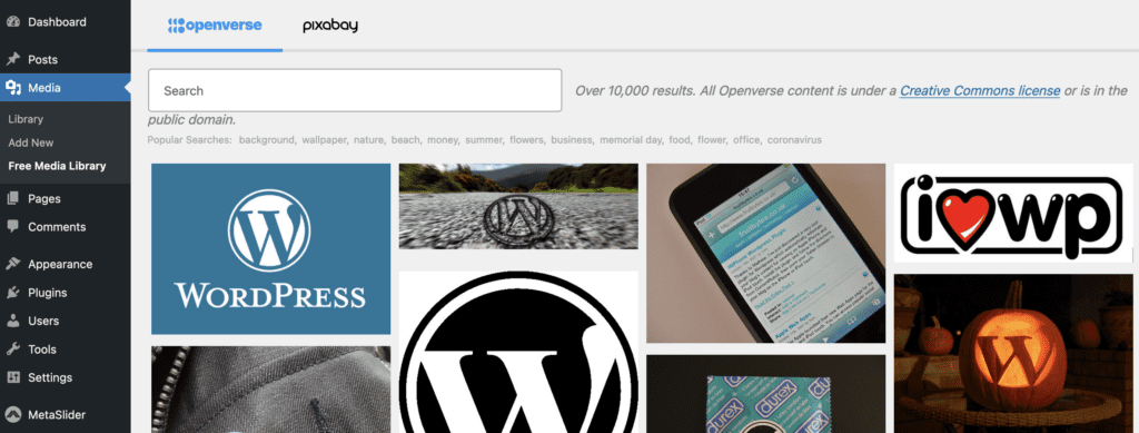 the Free Images Library plugin in WordPress