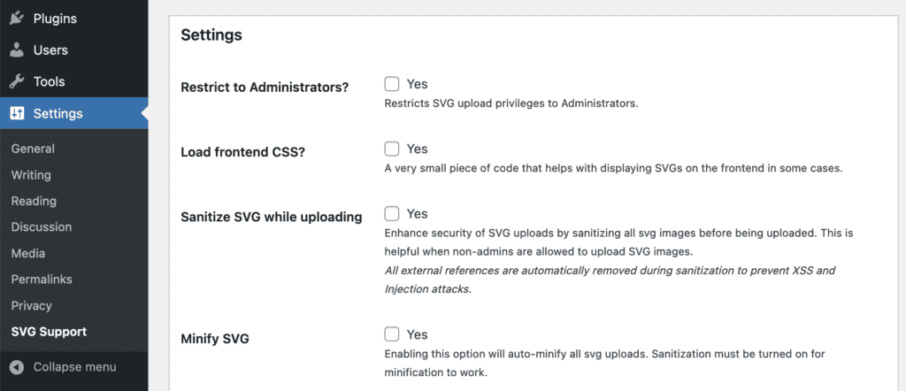 Settings for the SVG Support plugin.