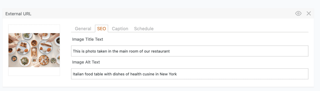 The SEO tab for an External URL slide in MetaSlider