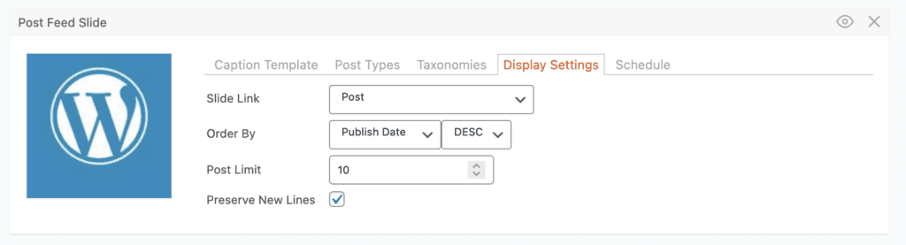 The Display Settings tab for a Post Feed slide