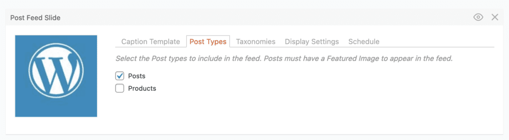 The Post Types tab for a Post Feed slide