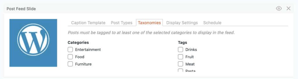 The Taxonomies tab for a Post Feed slide