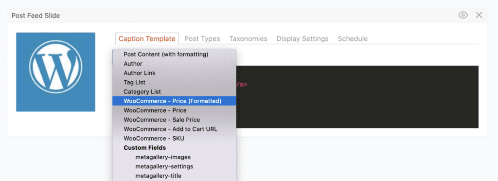 The Caption Template tab for a Post Feed slide