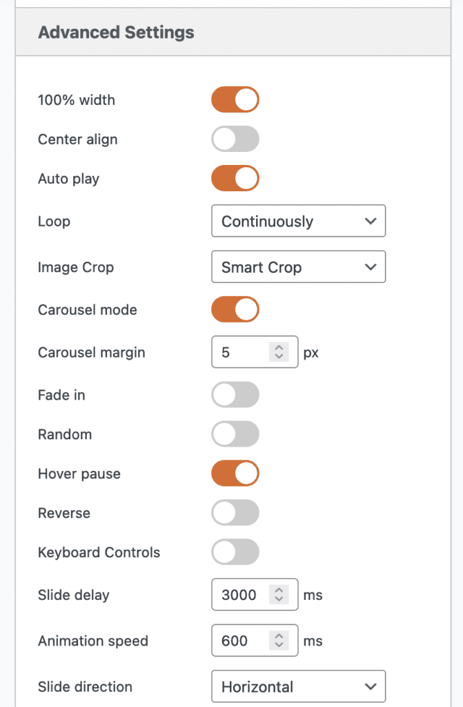 Carousel slide Advanced Settings