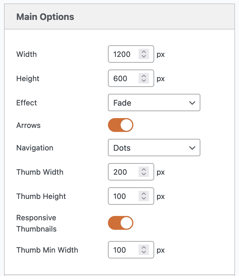 Lightbox slider main options