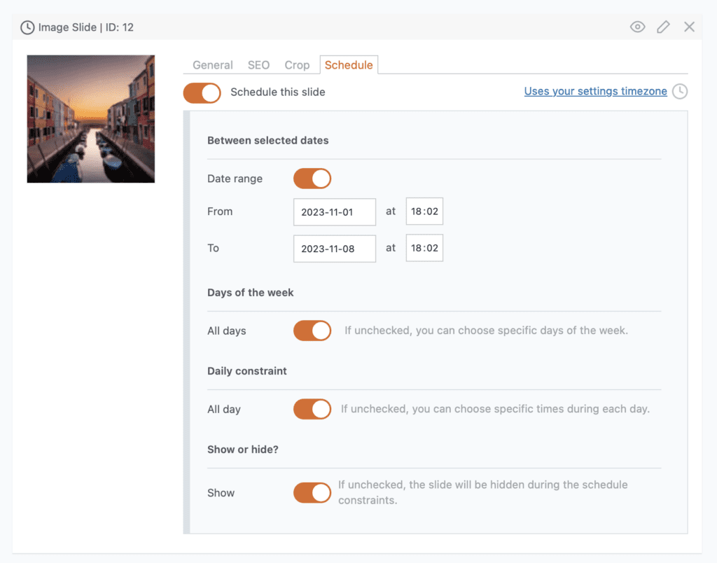 MetaSlider Schedule settings