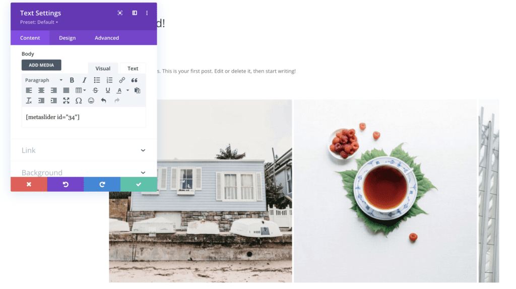 Divi screen layout with MetaSlider