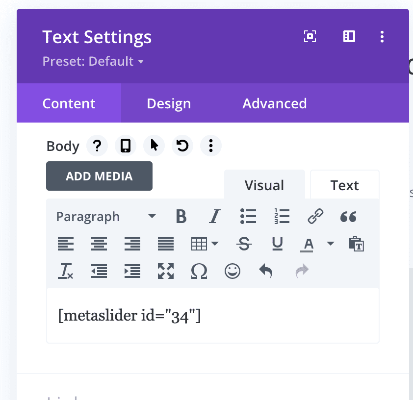 Divi screen layout with MetaSlider shortcode