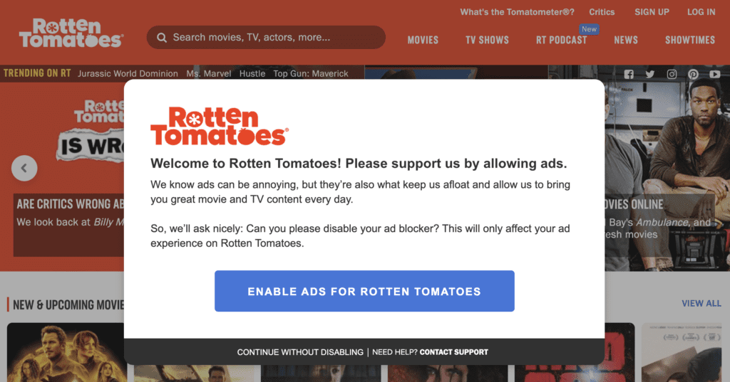 Adblock message on Rotten Tomatoes