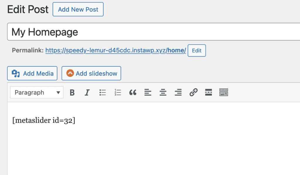 MetaSlider shortcode Classic Editor