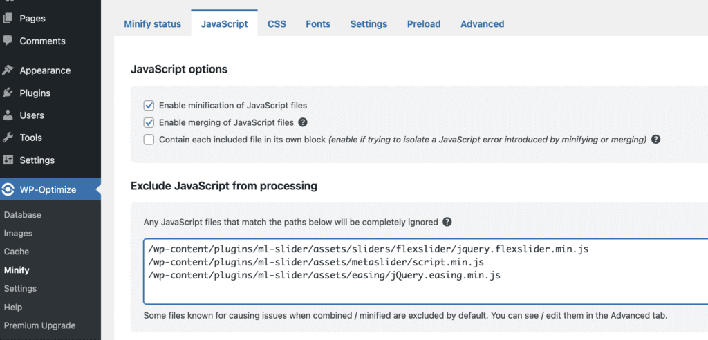Minify feature in WP-Optimize