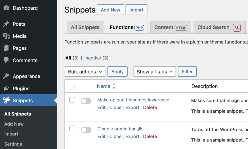 Code Snippets plugin to solve the Incompatible Archive message