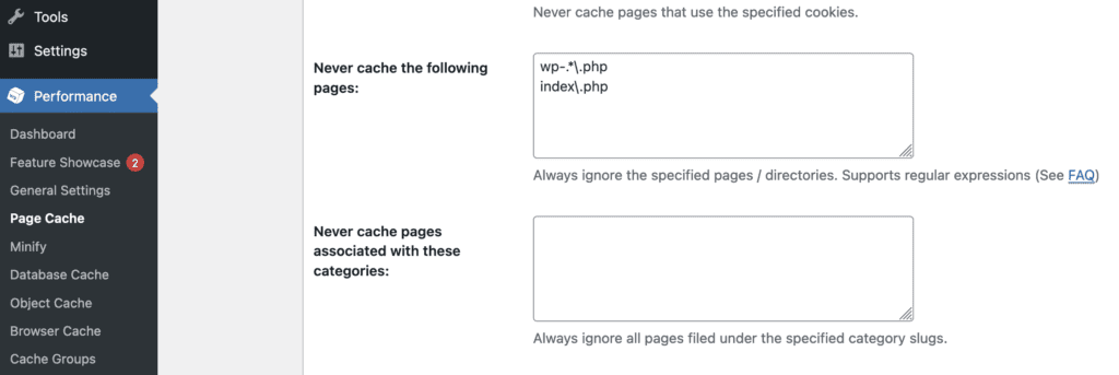 W3 Total Cache exclude pages