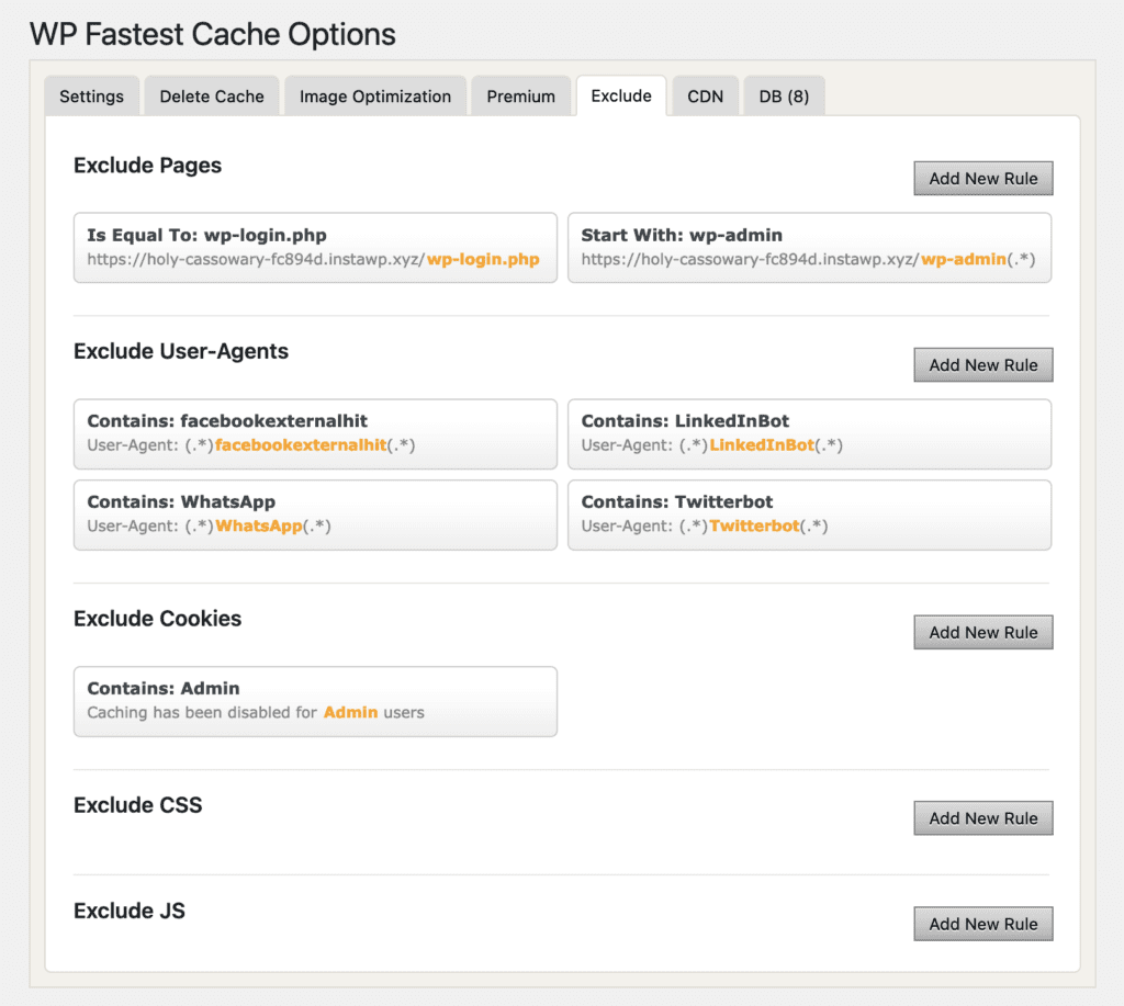 Exclude CSS and JS in WP Fastest Cache