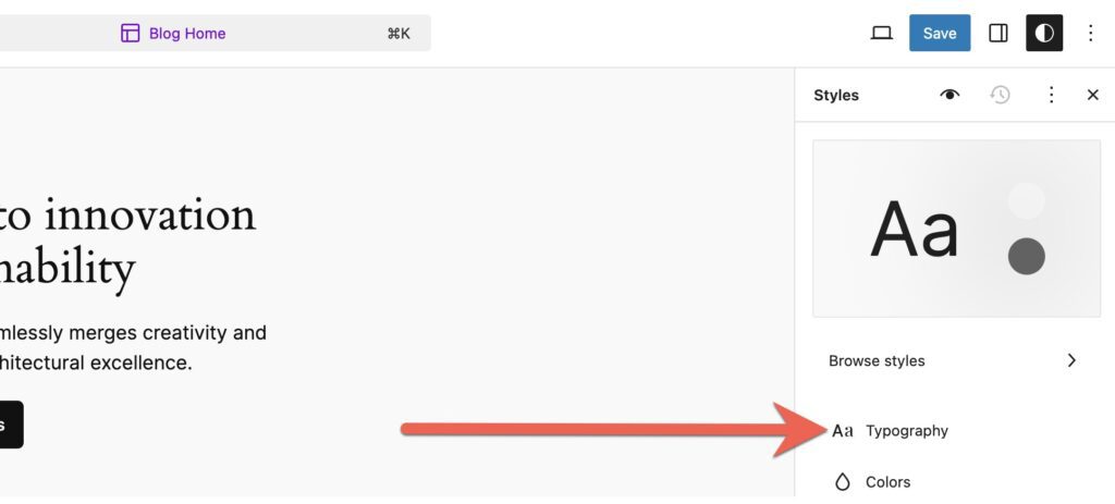 The Typography link in WordPress
