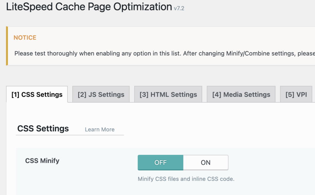 CSS settings in LiteSpeed Cache