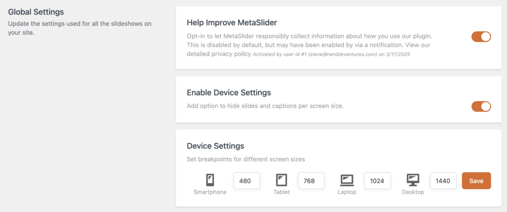 Global settings for devices