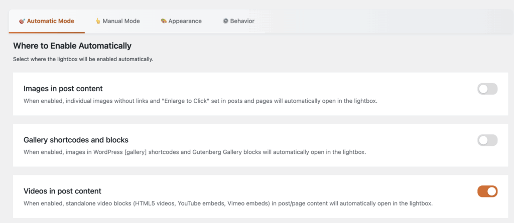 Settings for the Video Lightbox
