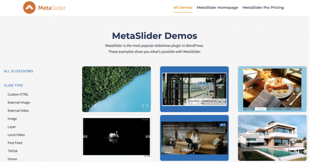 The new MetaSlider demo site