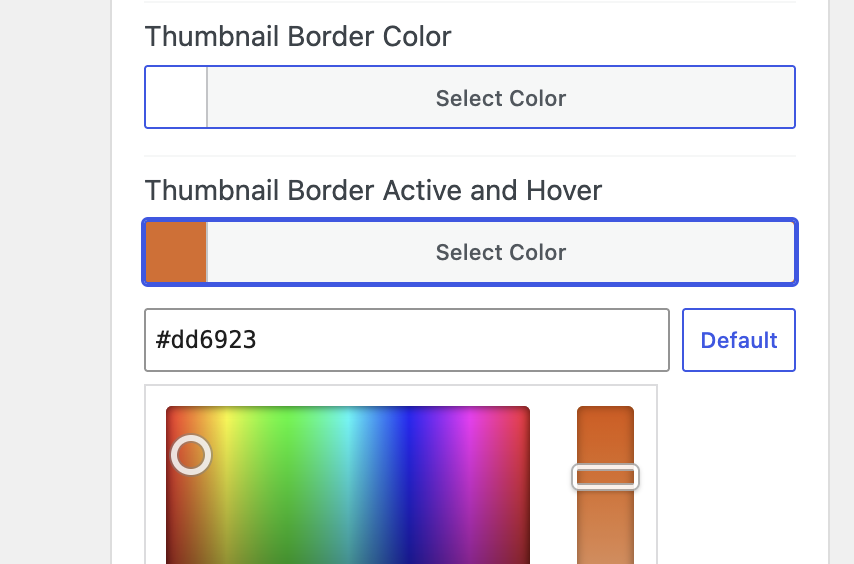 Thumbnail border color — Set a custom border color so gallery thumbnails fit your theme, brand palette, or page design.