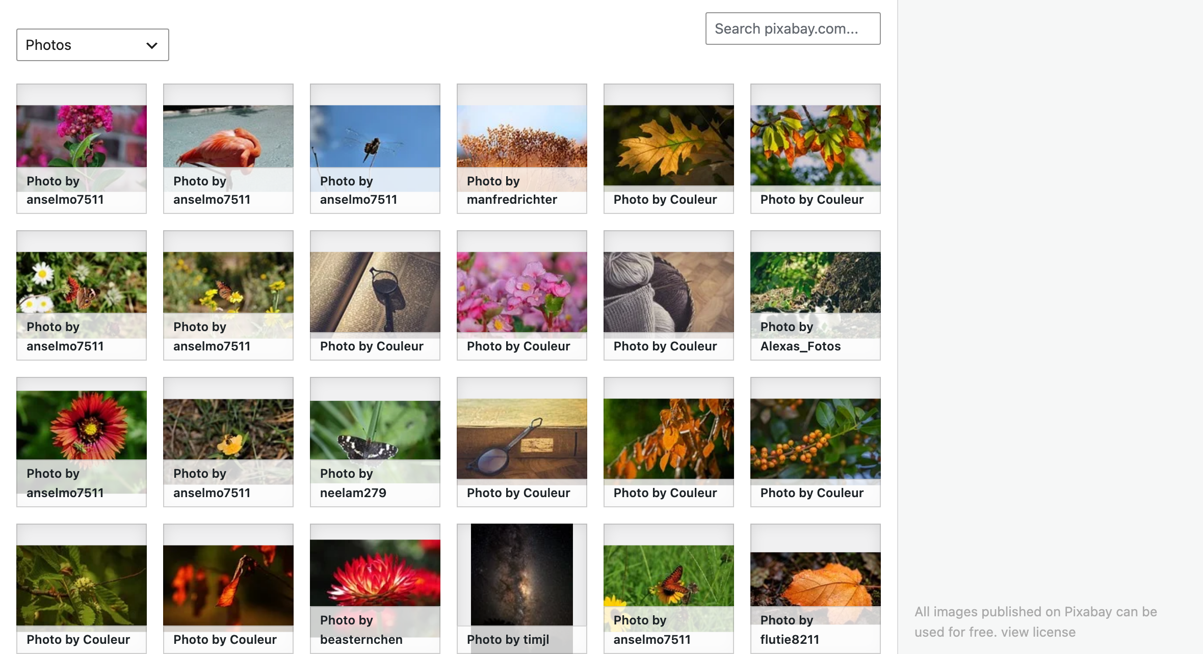 Search box, type filter, and photo grid for Pixabay