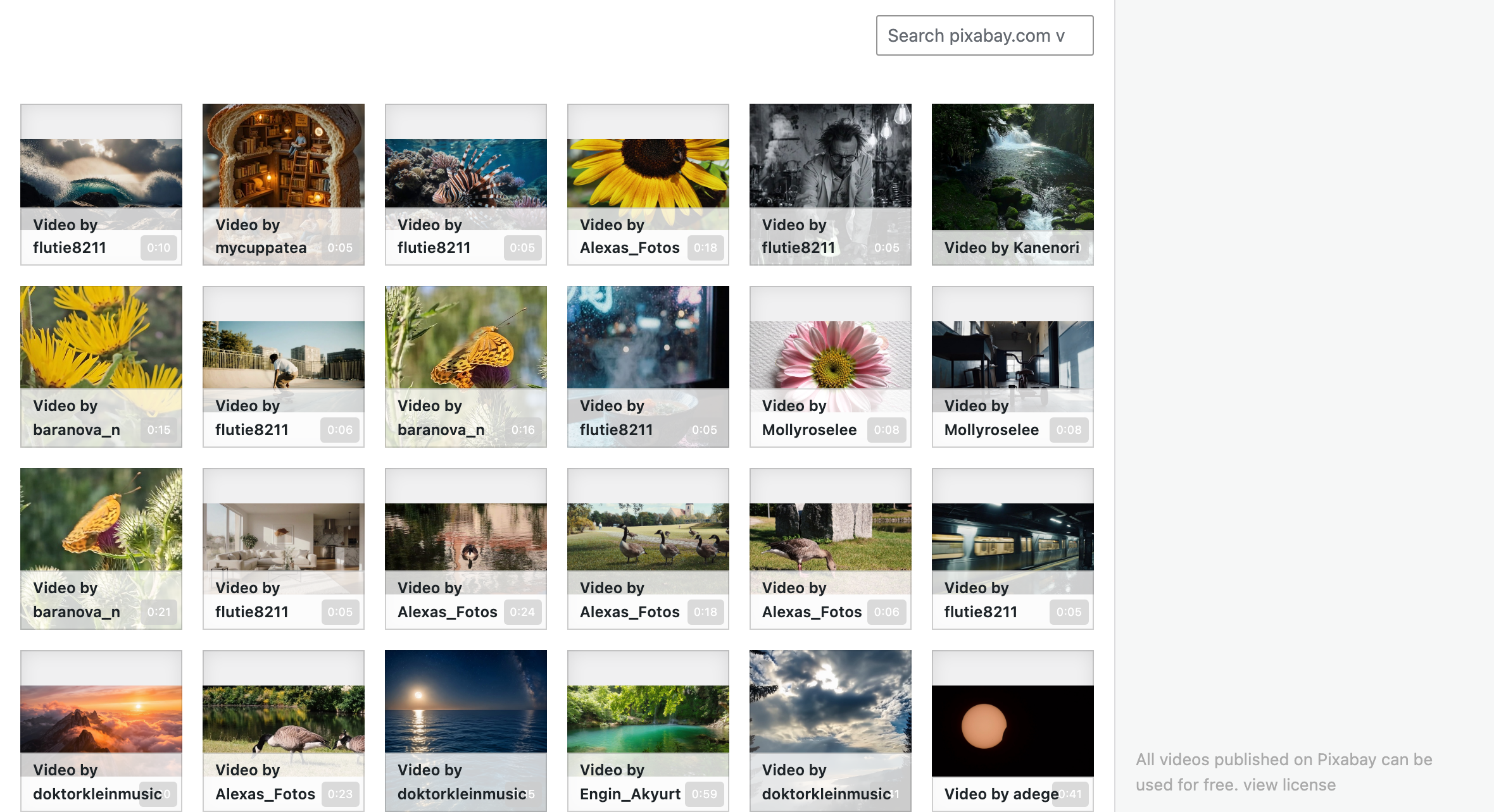 Search box and video grid for Pixabay videos
