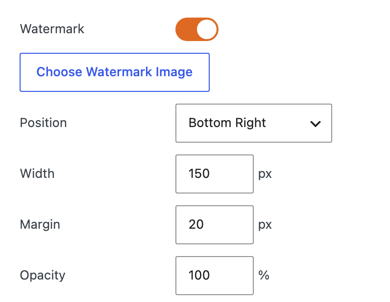 Position, Width, Margin, and Opacity settings for the watermark