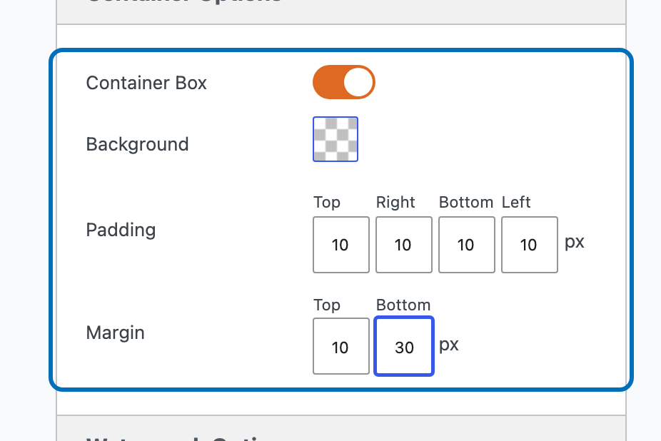 Background, Padding, and Margin settings after enabling Container Box