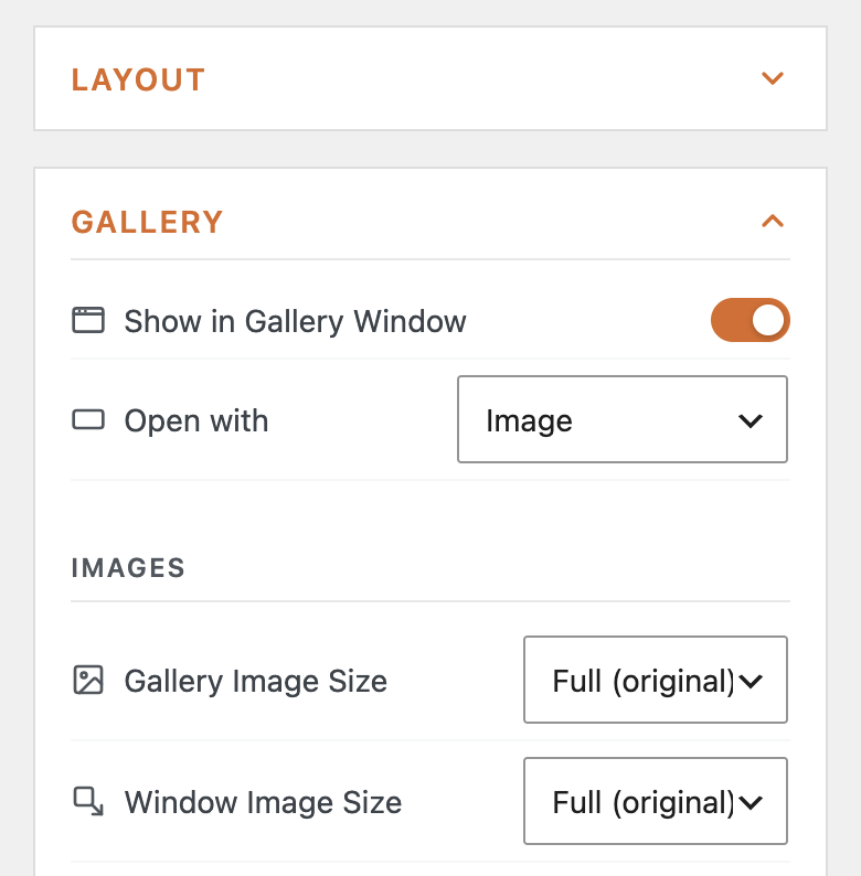 Separate gallery and window image sizes