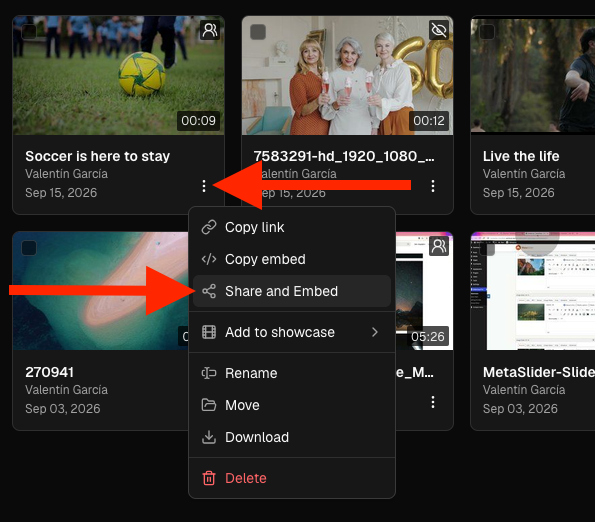 Share and Embed option on a video in the livid.com library
