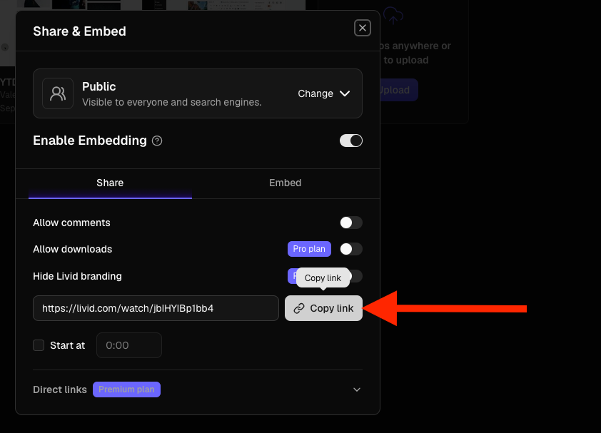 Copy link button in the Share and Embed window on livid.com