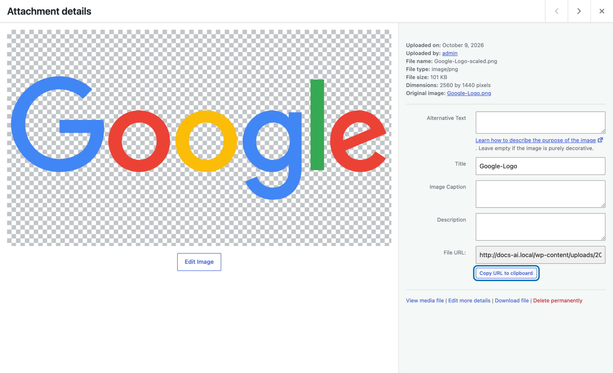 Copy URL to clipboard button in the Media Library attachment details