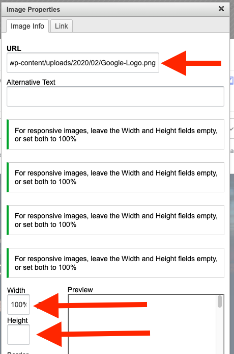 Image Properties window with the image URL and a width of 100%