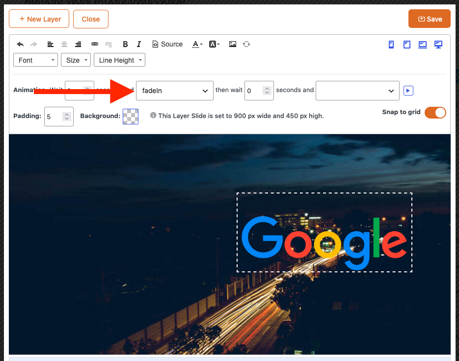 Animation settings for an image layer in the layer editor