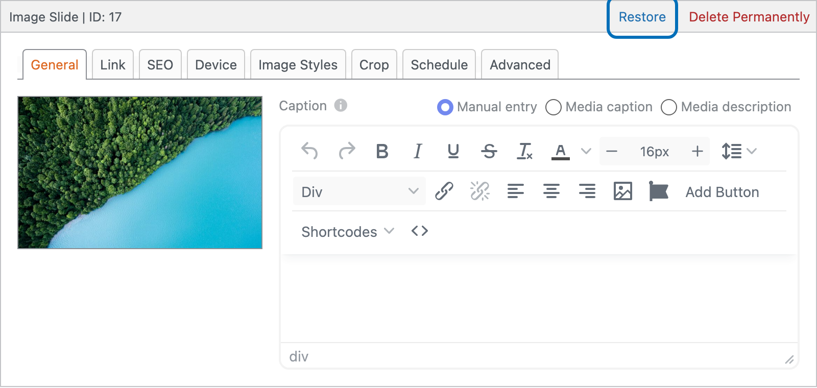 Restore and Delete Permanently links on a trashed slide